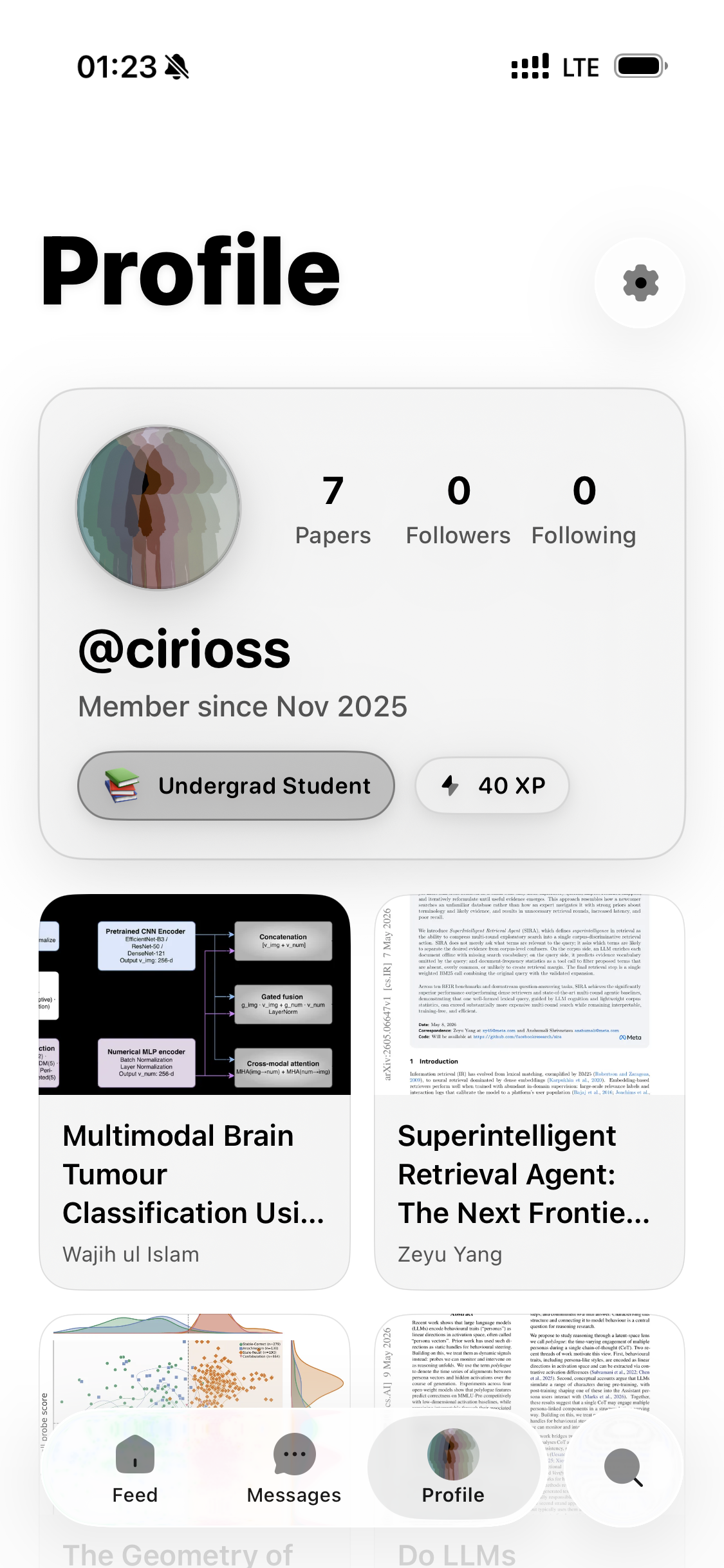 Papel profile showing level, followers, and saved papers